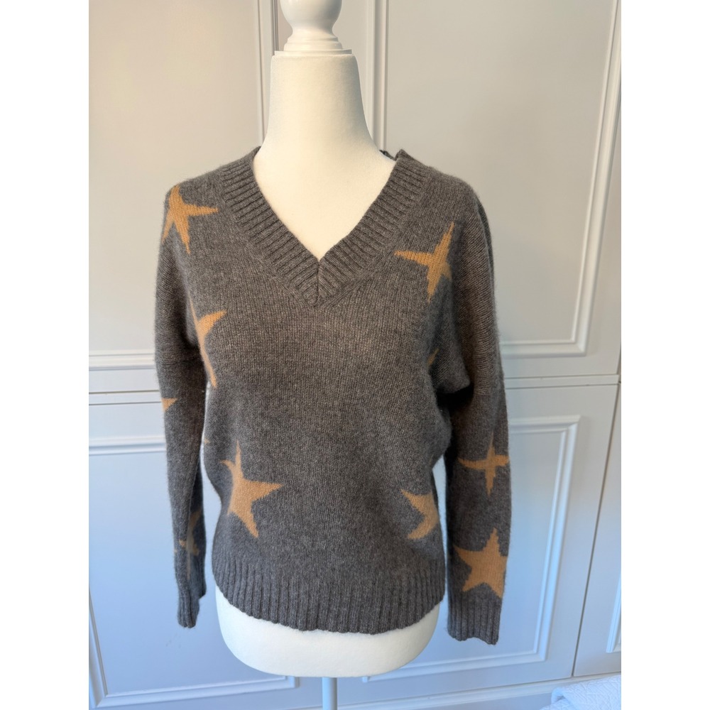 360 Cashmere Sweater Women XS Gray Tan Excellent Star V-Neck Knit